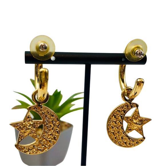 Vintage 80's Earrings Black Half Moon Gold Hoop Dangle Rhinestone Spacecore - Picture 4 of 16